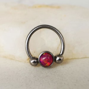 Silver Daith Earring / Conch Earring / Septum Ring with Pink Opal, 16g