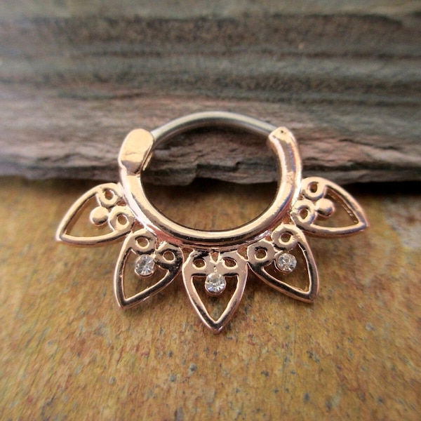 Tribal Septum Clicker Ring / Lip Ring / Daith Earring with Crystals, Rose Gold / Gold / Silver, 16g, 14g