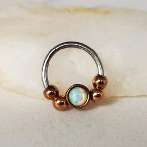 Silver and Rose Gold Daith Earring / Septum Clicker Ring with White Opal, 16g