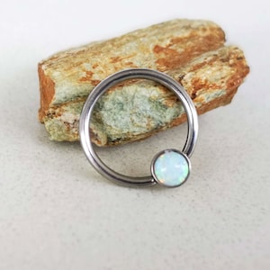 Septum Ring / Daith Earring / Captive Bead Ring / Conch Earring / Helix Earring, Silver plated Titanium with White Opal Stone, 16g