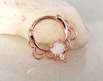 Rose Gold Septum Clicker Ring / Daith Earring with White Fire Opal, Flower Lace shaped, Titanium, 16g