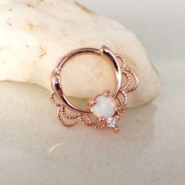 Rose Gold Septum Clicker Ring / Daith Earring with White Fire Opal, Flower Lace shaped, Titanium, 16g