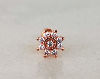 Crystal Flower Stud Earring / Tragus Earring / Helix Earring / Snug Earring / Lobe Earring, Black / Silver / Gold / Rose Gold, 16g