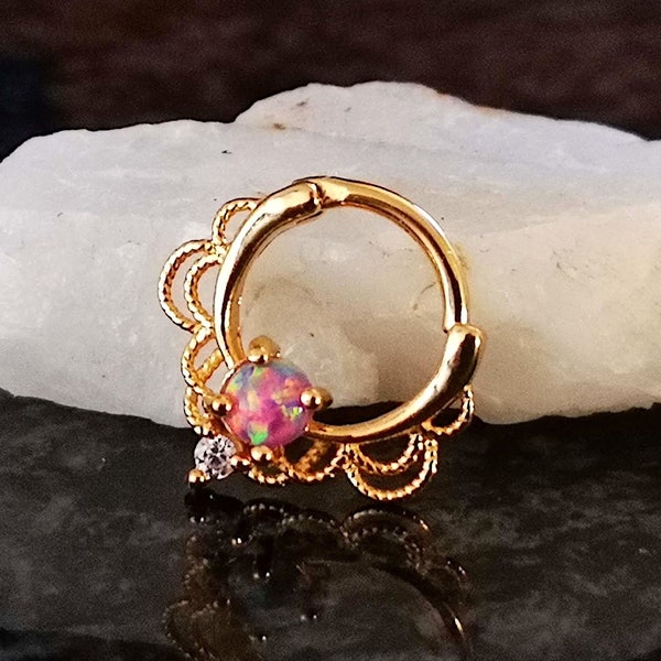 Gold Septum Clicker Ring / Daith Earring with Purple Fire Opal, Flower Lace shaped, 16g