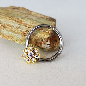 Floral Septum Ring / Daith Earring / Helix Earring / Ear Lobe Earring / Cartilage Earring with Crystal Flower, Rose Gold, Gold, 16G