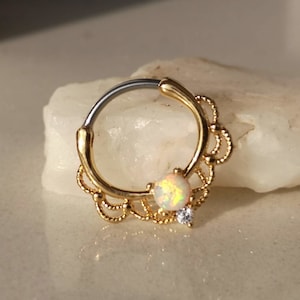 Gold Septum Clicker Ring / Daith Earring with White Fire Opal, Flower Lace shaped, 16g
