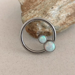 Daith Earring / Conch Earring / Helix Earring / Septum Clicker Ring, Silver Surgical Steel with 2 White Opal Stones, 16g