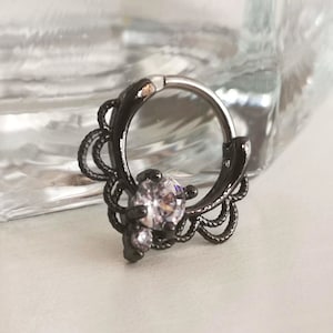 Black Septum Clicker Ring / Daith Earring with Crystals, Flower Lace Shaped, 16g