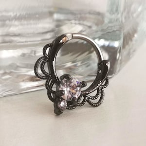 Black Septum Clicker Ring / Daith Earring with Clear Crystals, Flower Lace Shaped, 16g