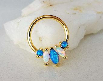 Septum Clicker Ring / Daith Earring / Helix Earring / Cartilage Earring with Blue and White Opals, Gold / Silver / Black, 16g
