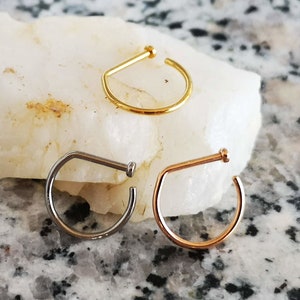 D Shape Nose Hoop / Nostril Ring / Ear Lobe Earring, G23 Titanium, Gold / Rose Gold / Silver