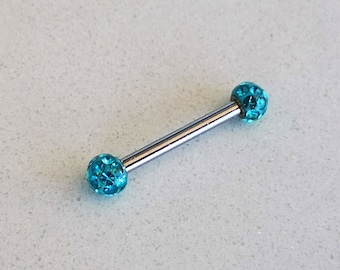 Tongue Piercing Barbell / Nipple Piercing Barbell with Cubic Zirconia Crystal Balls, 14g