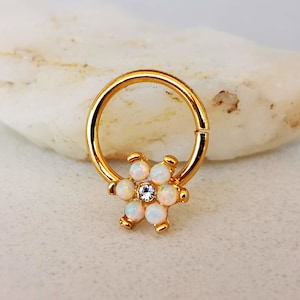 Cute Floral Septum Ring / Daith Earring / Cartilage Earring with Opal Flower, 16G