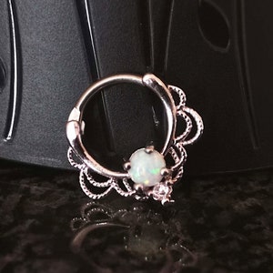 Silver Septum Clicker Ring / Daith Earring with White Fire Opal, Flower Lace shaped, Titanium, 16g