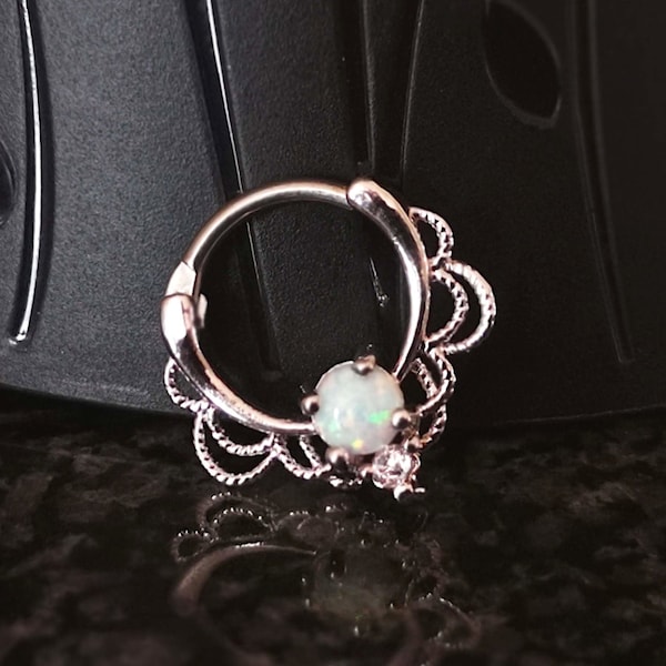 Silver Septum Clicker Ring / Daith Earring with White Fire Opal, Flower Lace shaped, Titanium, 16g
