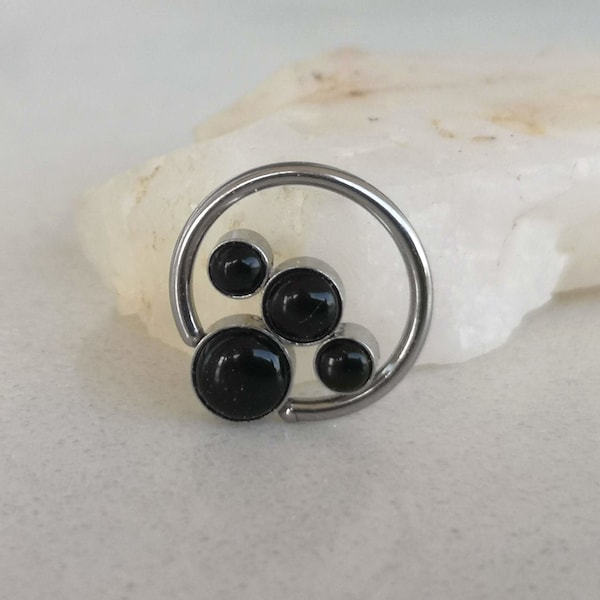 Daith Earring / Conch Earring / Helix Earring / Septum Clicker Ring, Silver Surgical Steel with 4 Black Onyx Stones, 16g