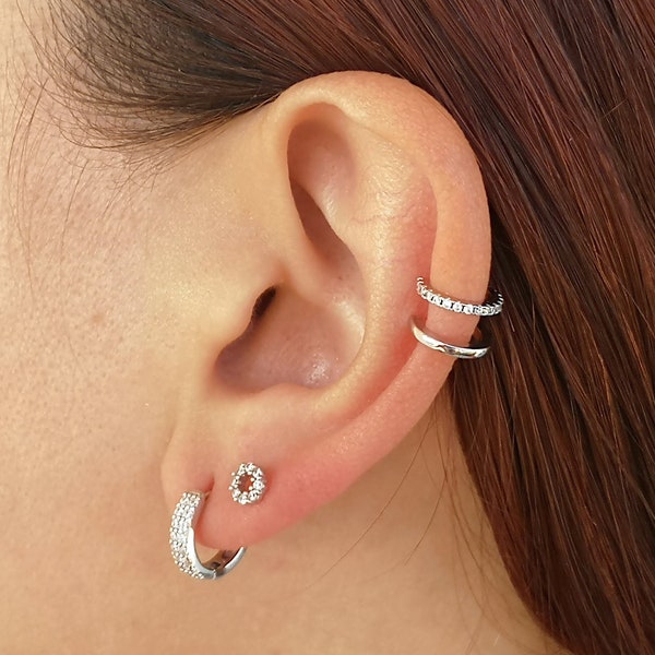 Set of 3 Pairs of Dainty Silver Hoop Earrings / Ear Cuffs / Dangle Earrings / Stud Earrings / Clip On Earrings / Earlobe Earrings, 18g