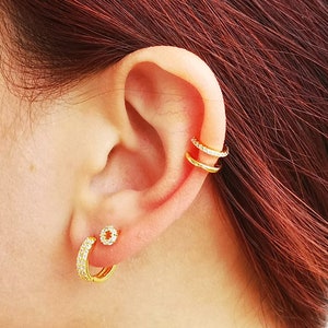 Set of 3 Pairs of Dainty Gold Hoop Earrings / Ear Cuffs / Dangle Earrings / Stud Earrings / Clip On Earrings / Earlobe Earrings, 18g
