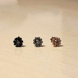 Crystal Flower Stud Earring / Cartilage / Tragus / Helix / Conch / Labret / Medusa / Ear Lobe / Nose Stud, Black / Silver / Rose Gold, 16g