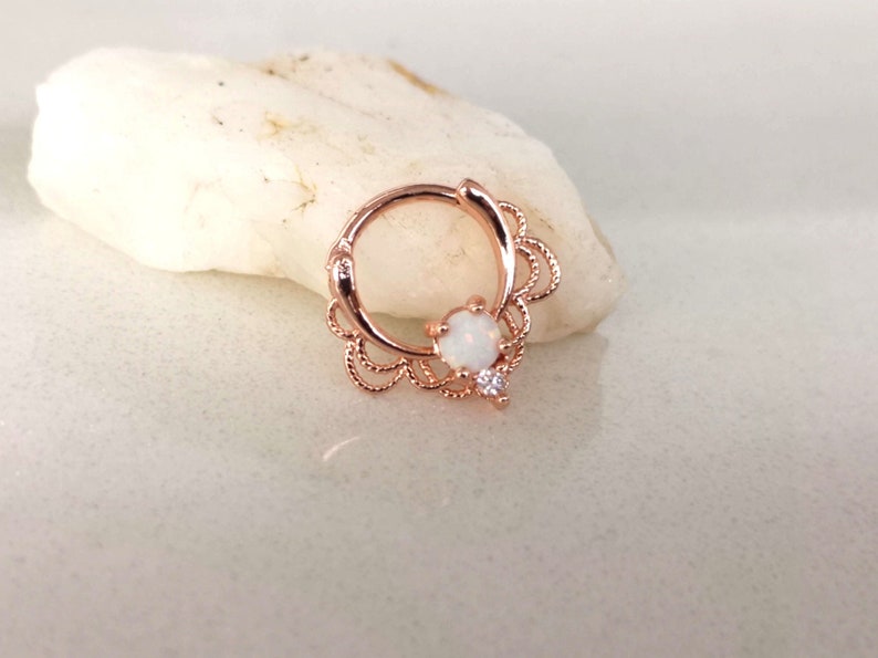 Rose Gold Septum Clicker Ring / Daith Earring with White Fire Opal, Flower Lace shaped, Titanium, 16g 