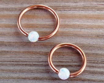 Small Daith Earring / Conch Earring / Helix Earring / Tragus Earring / Septum Piercing Ring, Rose Gold Surgical Steel with White Opal, 16g