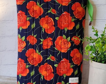 Quilted Cotton Book Sleeve: Padded Ipad Pouch, Floral Travel Bag