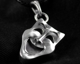 Sterling Silver Comedy Tragedy Mask Pendant: Double-Sided Theater Necklace