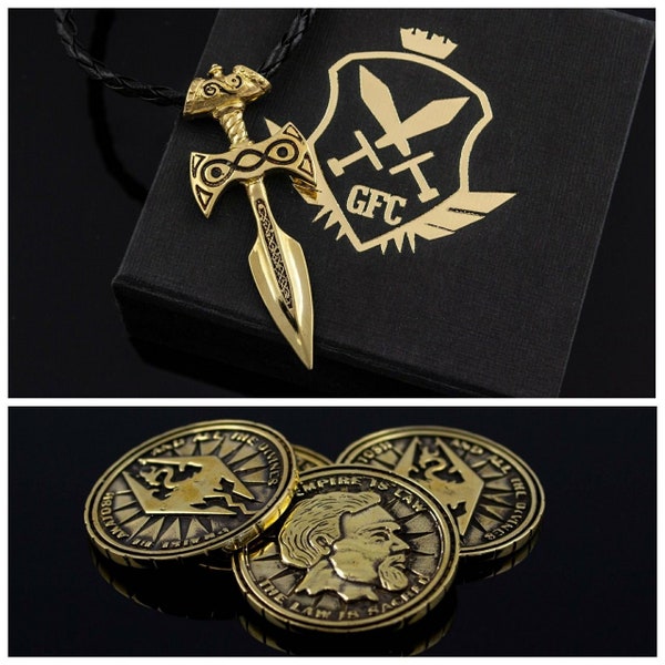 Gift set | Amulet of Talos Pendant | Septim Coin | Handmade Brass LARP Fantasy Jewelry