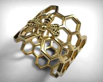 Gold plated silver queen bee ring, hexagon honeycomb jewelry Christmas gift for her