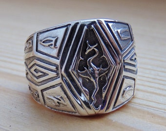 Sterling Silver Imperium Dragon ring with runes, Daedric Artifact Fantasy video game geek jewelry