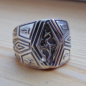 Sterling Silver Imperium Dragon ring with runes, Daedric Artifact Fantasy video game geek jewelry