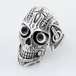 Sterling Silver Cyberpunk smiling Skull ring, statement biker and gothic jewelry gift for him