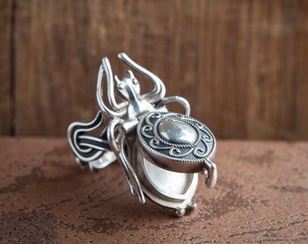 Silver Spider openable ring with secret space, Valentine jewelry gift for her