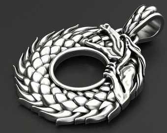 Silver Ouroboros necklace - Infinity Serpent pendant - fantasy medieval dragon jewelry gift for him and for her