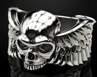 Winged flying skull ring, brutal bikers jewelry, from yellow gold, white gold or sterling silver