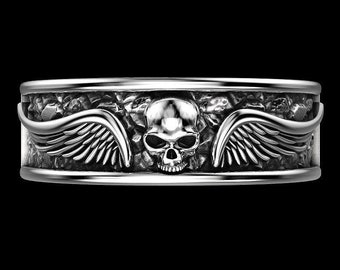 Sterling Silver winged skull ring, Gothic skull ring, Biker ring, Brutal ring, Flying skull, Skull with wings
