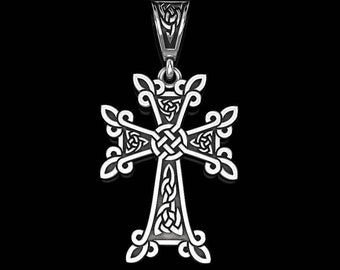 Cross pendant, Celtic pattern Crucifix, Brutal cross pendant, LARP celtic pendant, Yellow gold, Sterling silver, White gold