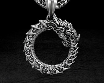 Pendentif Ouroboros en argent - Pendentif serpent infini - Cadeau bijoux fantaisie dragon médiéval pour lui et pour elle