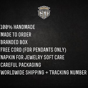 May include: A list of benefits for purchasing handmade jewelry, including 100% handmade, made to order, branded box, free cord for pendants, napkin for jewelry soft care, careful packaging, and worldwide shipping with a tracking number.