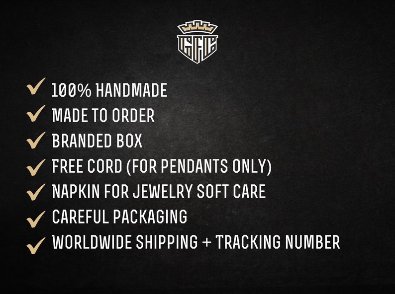 May include: A list of benefits for purchasing handmade jewelry, including 100% handmade, made to order, branded box, free cord for pendants, napkin for jewelry soft care, careful packaging, and worldwide shipping with a tracking number.