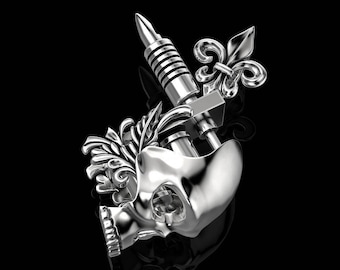 Sterling Silver Skull Tattoo Machine Pendant: Heraldic Lily Jewelry