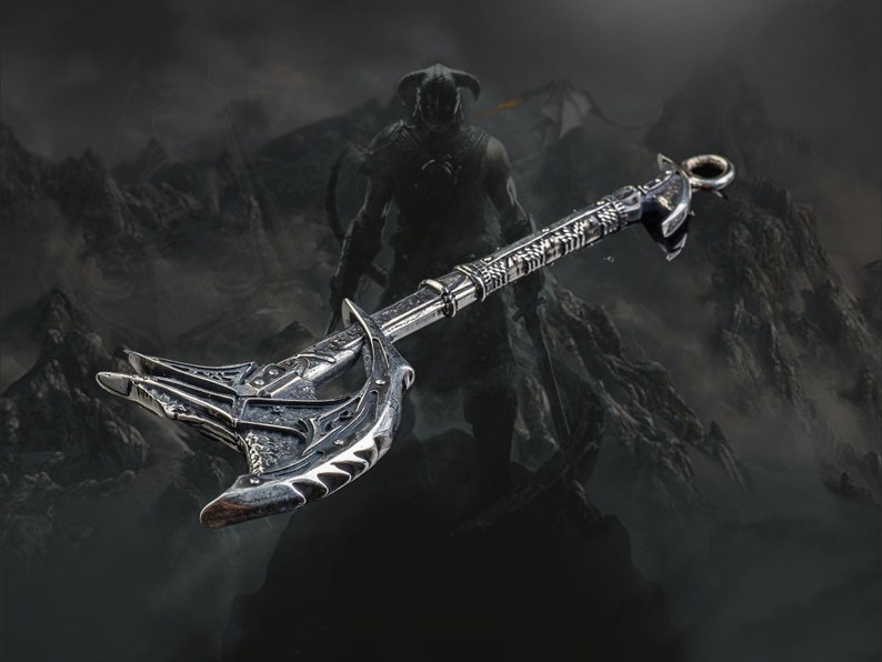 Sterling Silver Daedric Battle Axe video game necklace, Fantasy LARP jewelry for gamers image 1