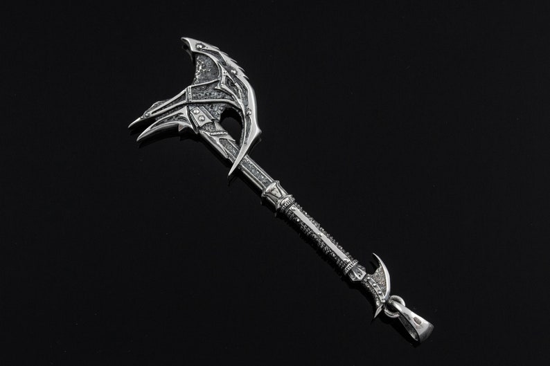 Sterling Silver Daedric Battle Axe video game necklace, Fantasy LARP jewelry for gamers image 4