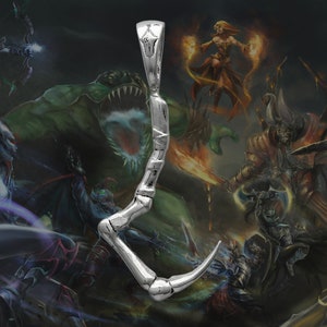 May include: A silver claw pendant featuring a detailed design. The pendant is set against a fantasy-themed backdrop with various characters and creatures.