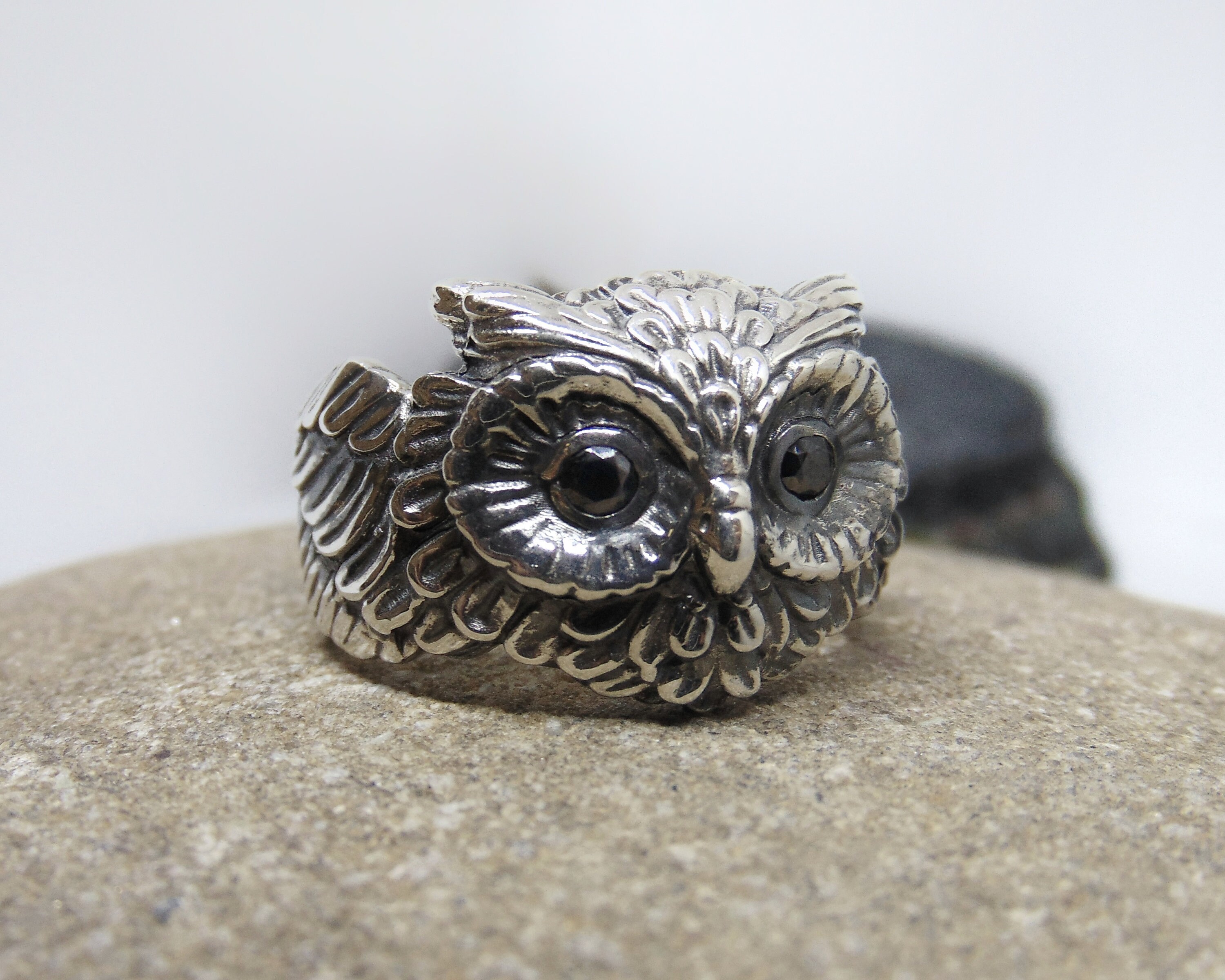 Silver Cute Owl Ring, Bird jewelry, Night owl feathers valentines day gift for her