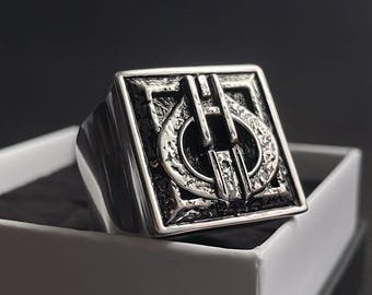 Sterling Silver Hephaestus Ring, Signet Ring with Black Enamel, Gamer Jewelry