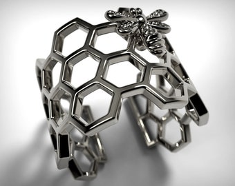 Sterling silver queen bee ring, hexagon honeycomb jewelry Christmas gift for her