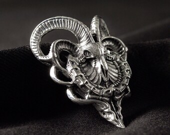 Biomechanic Goat Skull Pendant: Gothic Sterling Silver Biker Jewelry