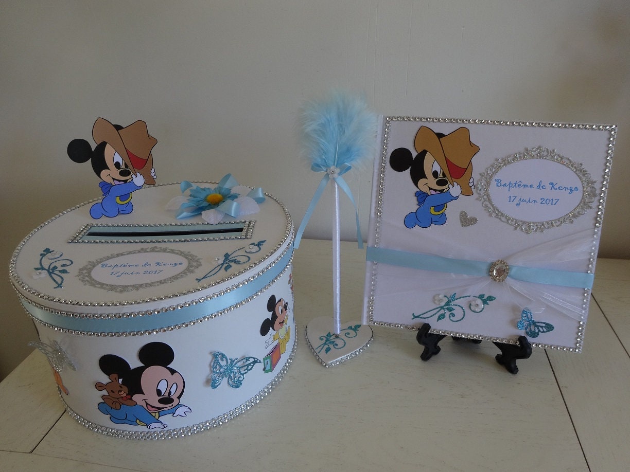 Urne de Baptême Garçon ou d'anniversaire et Son Livre d'or + Stylo sur Le Thème Michey Bébé