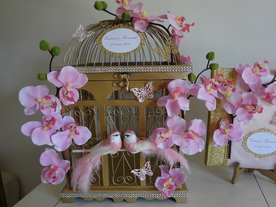 Urne De Mariage Thème Cage à Oiseaux Or Orchidées